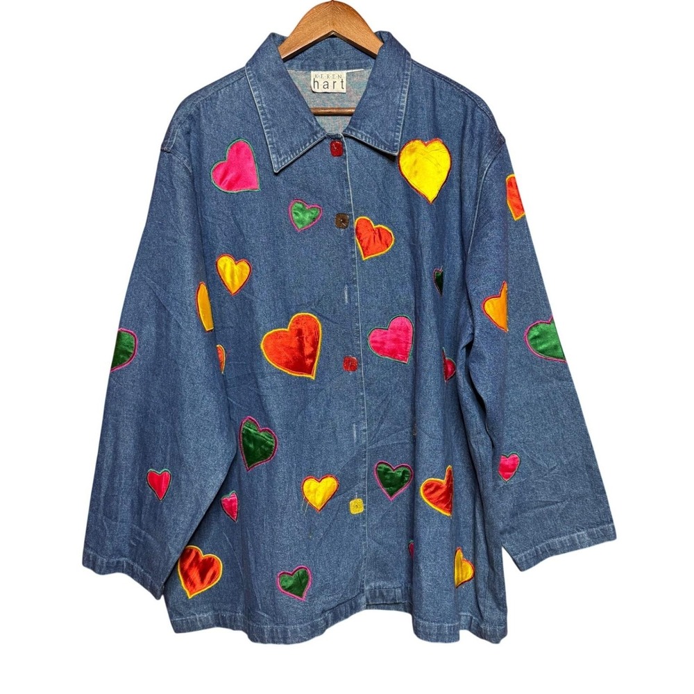 Vintage‎ Keren Hart Women NA Denim Heart Applique Shirt Jacket Blue Oversized